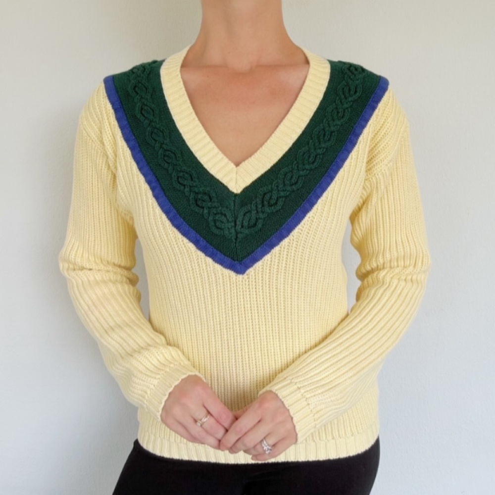 Vintage EP Pro butter yellow cable knit cotton v-neck sweater size medium